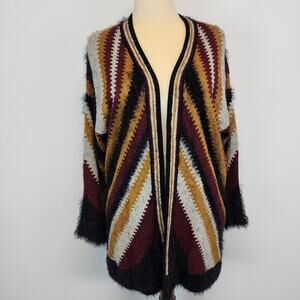 Angie Retro Striped Eyelash Knit Cardigan Size M Orange Brown Open Boho Fall